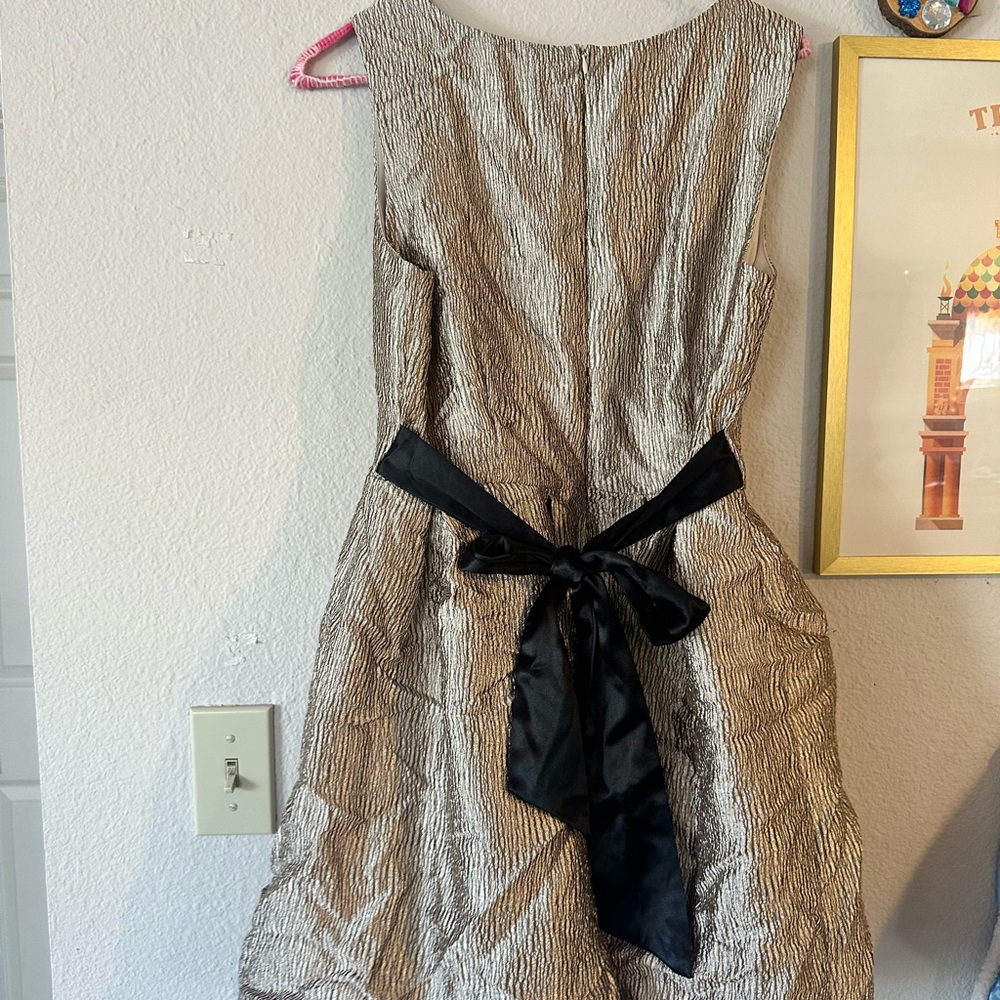 Pink Owl Gold Party Dress black ribbon waist Tie L - EUC